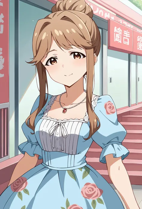 score_9, score_8_up, score_7_up, score_6_up, score_5_up, score_4_up, BREAK source_anime,
masterpiece, best quality, ultra detailed, perfect face, detailed face,
tenkubashi tomoka, 1girl, brown hair, brown eyes, single hair bun, hair bun, long hair, sidelocks,
necklace, floral print, print dress, blue dress, white ribbon, frilled skirt, blue skirt, puffy sleeves, frilled sleeves, frills,
<lora:tomokaTenkubashiXL_LoRA-C3Lier_AdamW_Dim8_Alpha8_UN-3e-4_TE-1.5e-4_10batch_ponyDiffusionV6XL_v6StartWithThisOne:1>