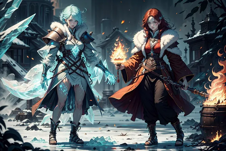 BREAK
2girl, blue, hair, fullbody,<lora:FrostRaceTech-20:0.8>, frostracetech, cryogenic, ice formations, cold
BREAK
2girl, red hair, fullbody, <lora:Fire_VFX:0.8> fire, pyrokinesis, fire magic, hot, warm
BREAK