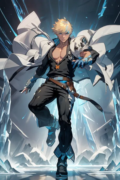 <lora:guiltygear_kykiske:1> ggkykiske, white jacket, jacket on shoulders, blue gloves, black pants, belt, collarbone, pectorals,outdoors,city,full body,  <lora:FrostRaceTech:0.8> frostracetech, cryogenic, fighting stance,, (masterpiece, best quality,highres, perfect hands), masterpiece,best quality,ultra-detailed,very detailed illustrations,extremely detailed,intricate details,highres,super complex details,extremely detailed 8k cg wallpaper