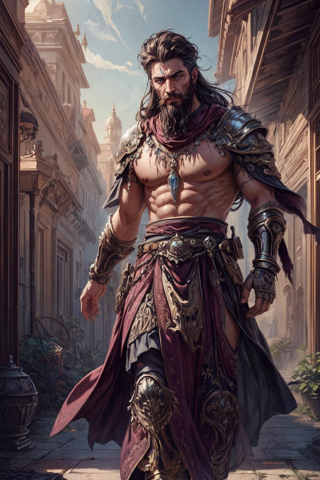 (masterpiece, best quality), photorealistic rendering, game cg cinematic, abstract and colorful paint style, <lora:add_detail:1>
(1man, masculine adult [russian:japanese:0.3] male:1.2),  jade eyes, dark red hair, fade with beard, 
Style-GravityMagic, portrait, solo, half shot, looking up, detailed background, detailed face, (<lora:FrostRaceTech:0.5>, cryogenic, frostracetech theme:1.1) middle-eastern desert aristocrat, dark purple ottoman armor, ornate amulet, regal headdress, mosaic patterns walking, stoic expression, turkic culture, cushions in background, sandstorm,  arid climate, cinematic atmosphere,