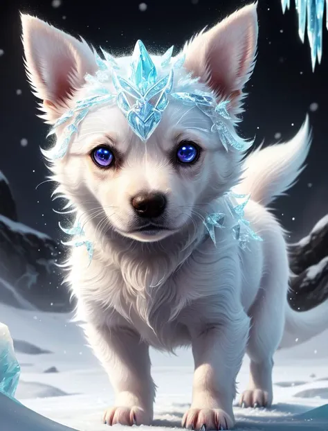 (masterpiece:1.2), (best quality:1.2), extremely detailed, (beautiful face), (perfect face), (perfect hands), highres, <lora:FrostRaceTech:0.7>, frostracetech, cryogenic, fantasy, full body, frost race, small puppy, small dog, animal, glowing eyes, magic, glow, snow