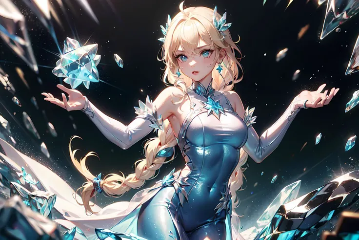 masterpiece, best quality, official art, (hand by Guido Daniele), extremely detailed CG unity 8k wallpaper, elsa, disney princess, platinum blonde hair, long braid, blue glittering long dress, <lora:FrostRaceTech-20:0.5> frostracetech, cryogenic, ice