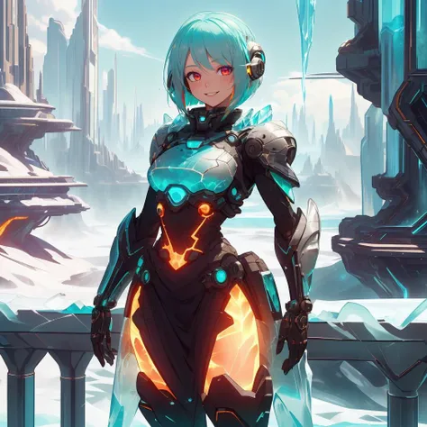 <lora:FrostRaceTech-20:0.7> frostracetech, cryogenic, scifi , <lora:ExoMagmaTech-20:0.7> exomagmatech, lava made, translucent
cowboy shot,closeup, seductive smile, best quality, bob cut, red eyes, green hair,multicolored hair, aqua hair, 1girl, standing in a balcony ,cityview , full body, glowing eyes,