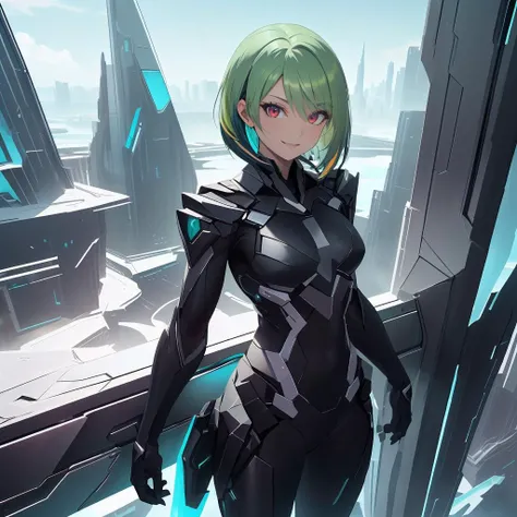 <lora:StealthTech-20:0.8> stealthtech , cutting edge, sleek angular , scifi , <lora:FrostRaceTech-20:0.4> frostracetech, cryogenic,
cowboy shot,closeup, seductive smile, best quality, bob cut, red eyes, green hair,multicolored hair, aqua hair, 1girl, standing in a balcony ,cityview , full body, glowing eyes,