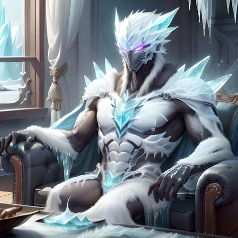 living room in the icy realm of the alternate race. <lora:FrostRaceTech-20:1>,FrostRaceTech