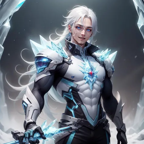 <lora:FrostRaceTech-20:0.8>,frostracetech, cryogenic , contemporary, open jacket,
,scholar , scroll, 1boy,long hair, blue skin,white hair, red eyes, smile