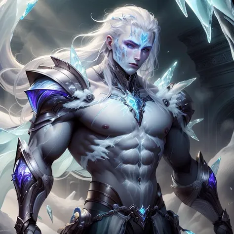 <lora:FrostRaceTech-20:1>,frostracetech, cryogenic ,human, colored skin , long hair, translucent skin, pale skin, armor, (male:1.4) ,