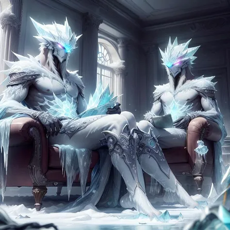 living room in the icy realm of the alternate race. <lora:FrostRaceTech-20:1>,FrostRaceTech