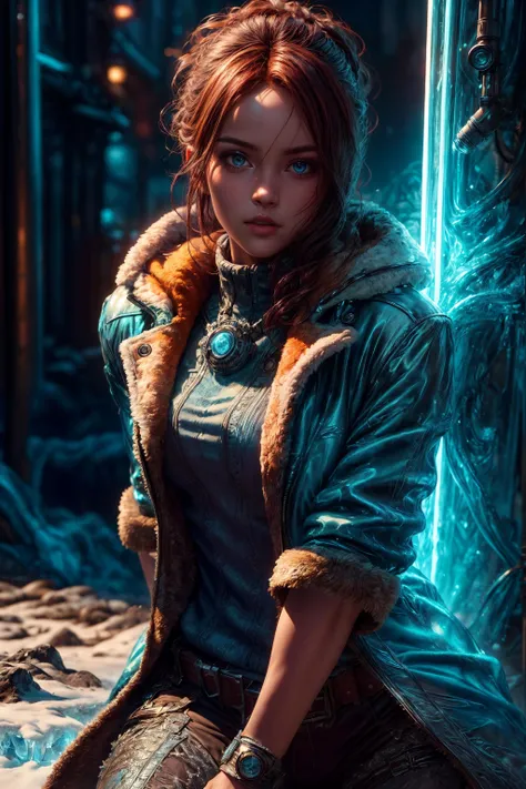 ((best quality)), ((masterpiece)), (detailed), A beautiful girl (engineer:1.2) d3fr0 style, cowboy shot, redhead hair, highly detailed blue eyes, coat, warm clothes, work robe, frostracetech streets landscape, cryogenic, winter, deep focus, hyperrealism, rim lighting, fantasy scifi creature, hyper realistic, steampunk, intricate design, insanely detailed, (cinematic, ultra HD textures, highly detailed, intricate detail, photorealistic, concept art, matte painting, autodesk maya, vray render, ray tracing, hdr) <lora:d3fr0:0.7> <lora:LowRA:0.4>, <lora:FrostRaceTech-20:0.6> <lora:more_details:1>
