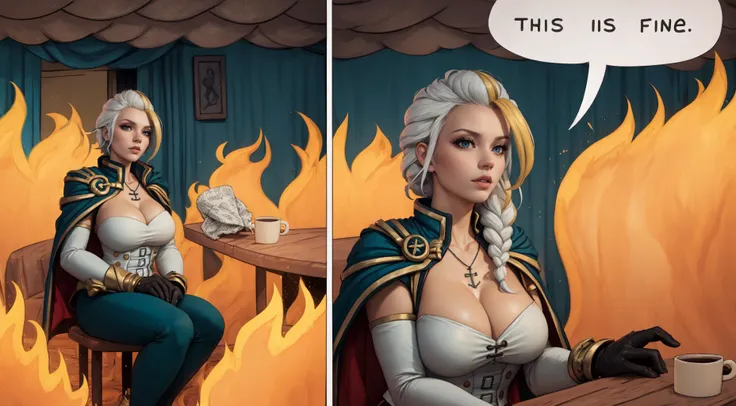 (masterpiece, highres, high quality:1.2), cinematic lighting,
JainaProudmoore, 1girl, sitting, IncrsThisIsFineMeme
white hair, blonde hair, streaked hair, single braid, eyeshadow, lipstick, makeup, detailed face, blue eyes, anchor necklace,
blue clothes, single pauldron, cape, cropped jacket, corset, detached sleeves, gloves, (blue pants:1.1), (skirt:1.1), single gauntlet,
curvy, large breasts, cleavage,
<lora:JainaProudmooreV1:0.85>, <lora:ThisIsFineMeme:1.2>