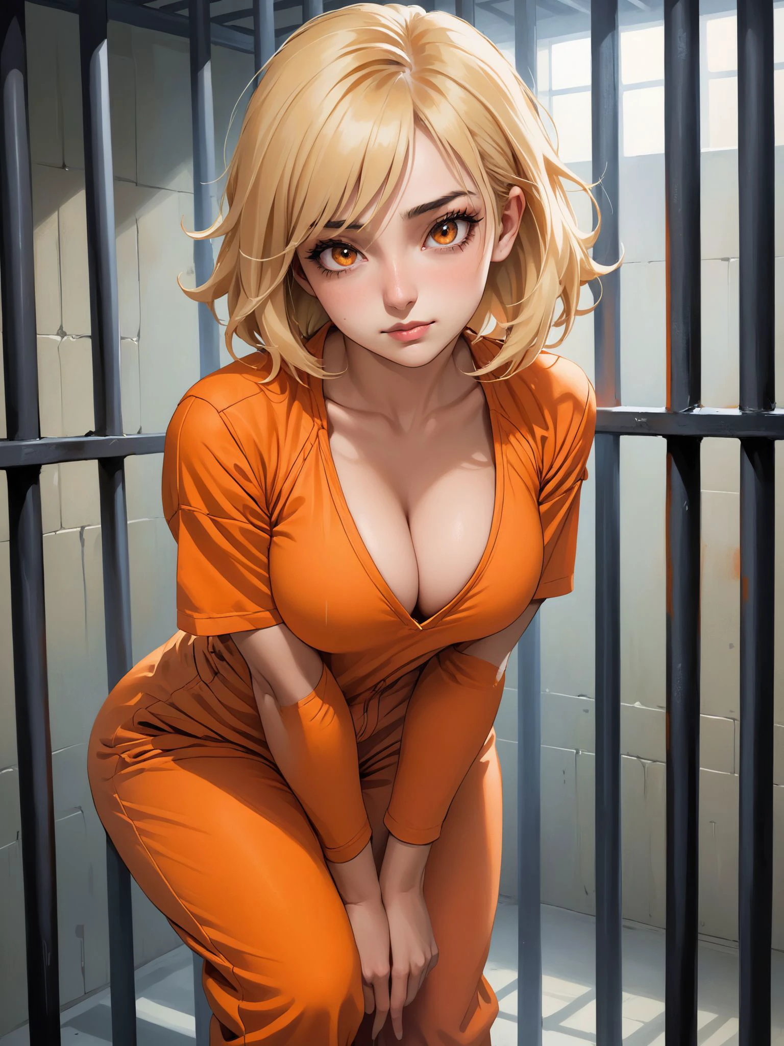 image of  sinister [Indian:Russian:0.6] blonde woman, 22yo, captivating face, she is in a prison cell , (hot and sweaty:0.8), (intense expression:1.1), poise, (curvaceous:0.7), (tight:0.6) orange prison jumpsuit (leaning forward , boobs out), strange clothes, ominous, brooding, (short:1.2) elaborate hair, (well built:0.6), unique, interesting, (detailed skin:1.1), pores, soft, fresh, complex iris, photorealistic, realistic, <lora:add_detail:1> coy smile.