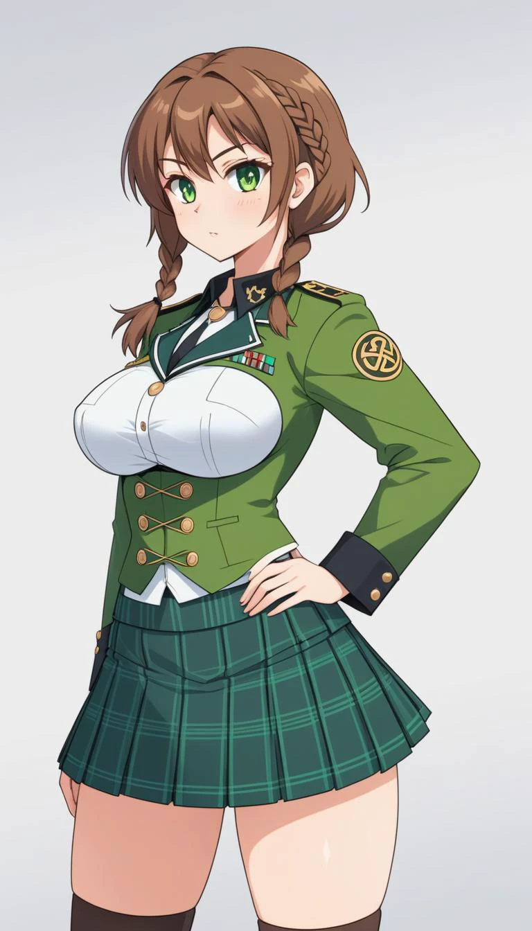 anime artwork A Busty Woman, military uniform, green uniform, full body, waist up, wearing kilt, face paint, Celtic, celts, brown hair, half fade haircut, braid, Soft natural big breasts . anime style, key visual, vibrant, studio anime, highly detailed