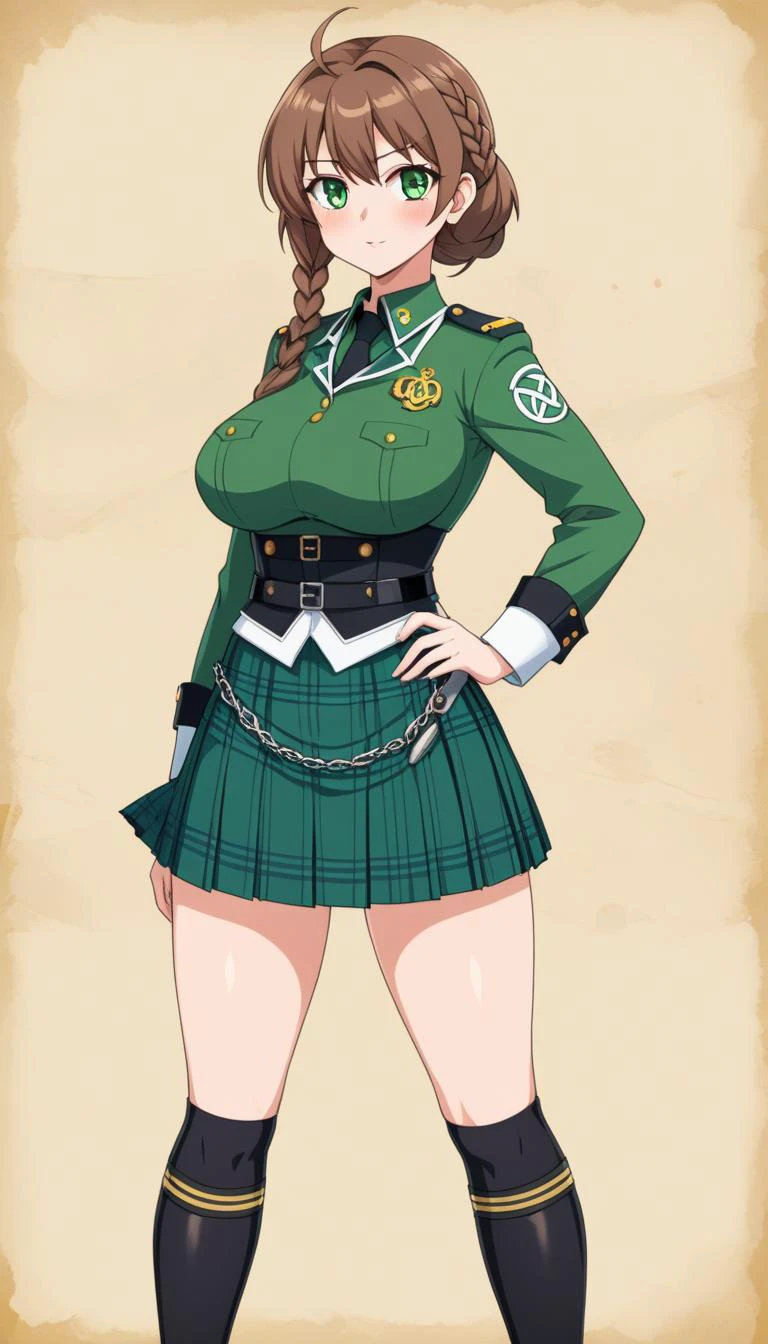 anime artwork A Busty Woman, military uniform, green uniform, full body, waist up, wearing kilt, face paint, Celtic, celts, brown hair, half fade haircut, braid, Soft natural big breasts . anime style, key visual, vibrant, studio anime, highly detailed