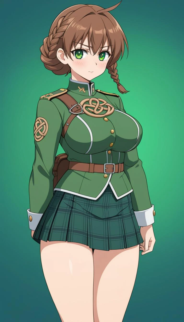 anime artwork A Busty Woman, military uniform, green uniform, full body, waist up, wearing kilt, face paint, Celtic, celts, brown hair, half fade haircut, braid, Soft natural big breasts . anime style, key visual, vibrant, studio anime, highly detailed