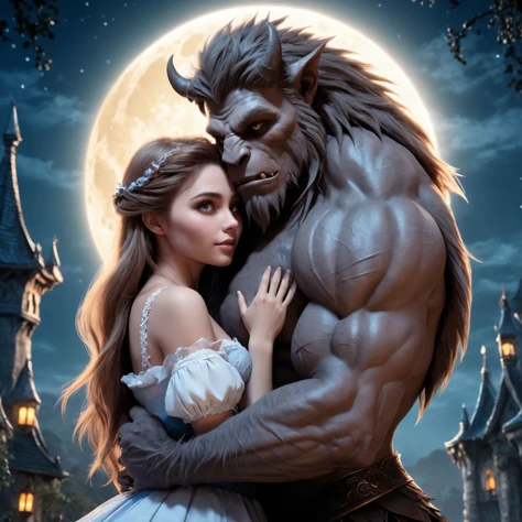 sharp focus, beautiful girl and a beast man, hugging each other, fantasy, lovely, full moon background, artstation, (epic realistic:1. 1), (hdr:1. 1), intricate details, cinematic, detailed, ((close up)), photorealistic, 4k, absurdres,