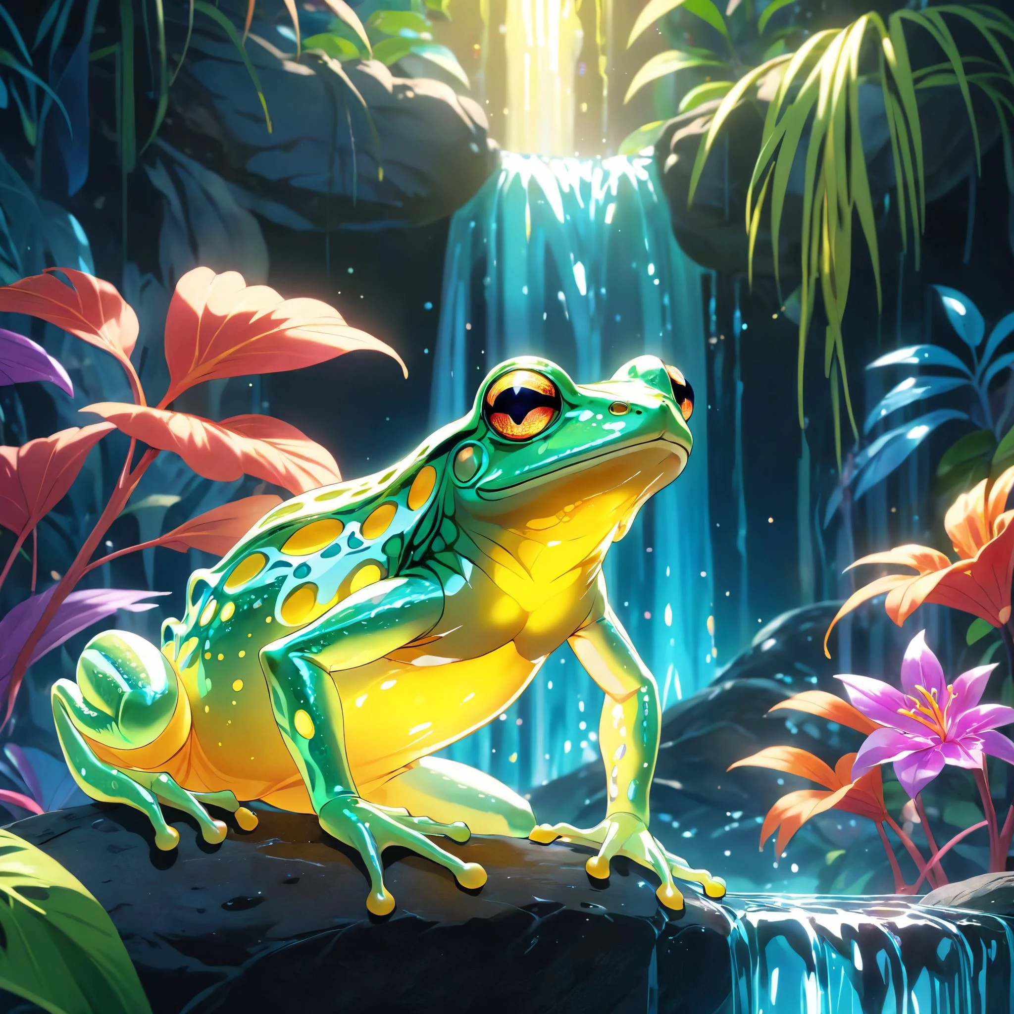 anime artwork anime artwork macro image, a beautiful translucent glass dragon frog that glows within, glowing lights, beautiful waterfall , made out of multicolored transparent delicate glass, magical sparkles,vibrant whimsical colors, cinematic photorealistic, 8k uhd natural lighting, raw, rich, intricate details, key visual, atmospheric lighting, . anime style, key visual, vibrant, studio anime, highly detailed