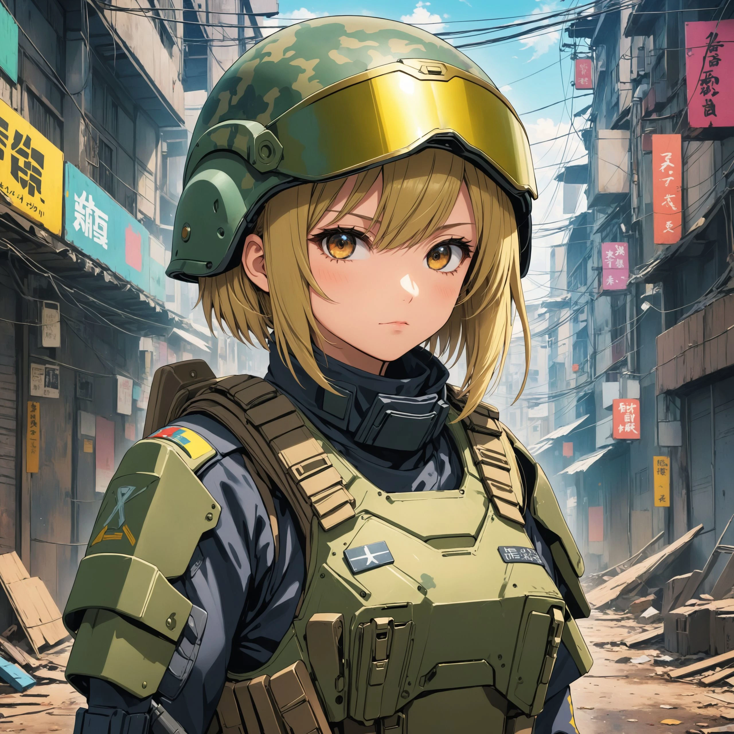 anime artwork masterpiece, best quality, HDR, soldier girl, , holding an assault rifle military armor, ratnik, kevlar helmet, cammo paint, (cyberpunk:0.8), gritty, dirty, clutter, film grain, <lora:more_details:1> . anime style, key visual, vibrant, studio anime,  highly detailed