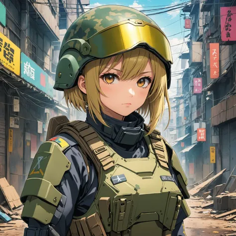 anime artwork masterpiece, best quality, HDR, soldier girl, , holding an assault rifle military armor, ratnik, kevlar helmet, cammo paint, (cyberpunk:0.8), gritty, dirty, clutter, film grain, <lora:more_details:1> . anime style, key visual, vibrant, studio anime,  highly detailed