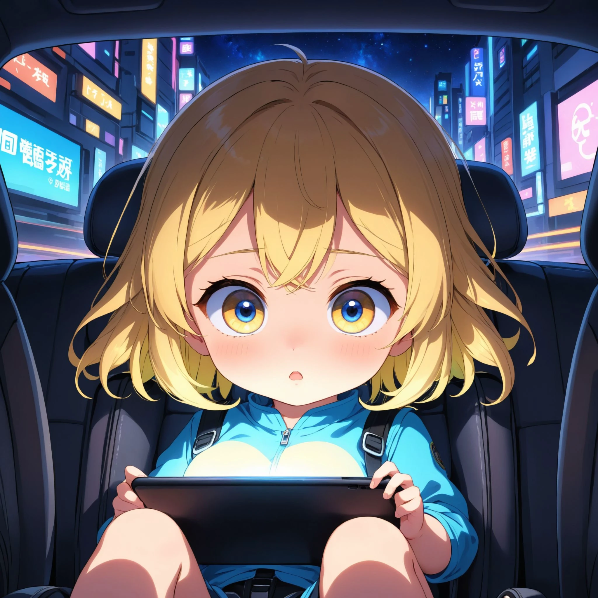 anime artwork A baby in the back of a car sat in a car seat of a wide car, engrossed head tilted down watching the screen (eyes looking down on the screen) of an ipad the glow of the screen on its face, big eyes. . anime style, key visual, vibrant, studio anime, highly detailed