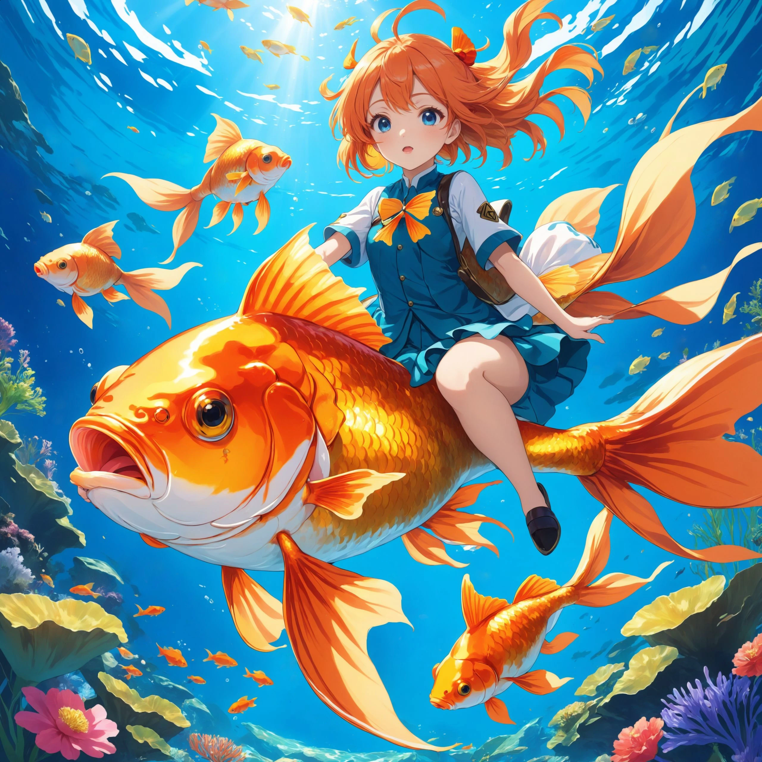 anime artwork anime artwork super vista, super wide Angle goldfish 1girl a girl riding on a large goldfish . anime style, key visual, vibrant, studio anime,  highly detailed . anime style, key visual, vibrant, studio anime,  highly detailed
