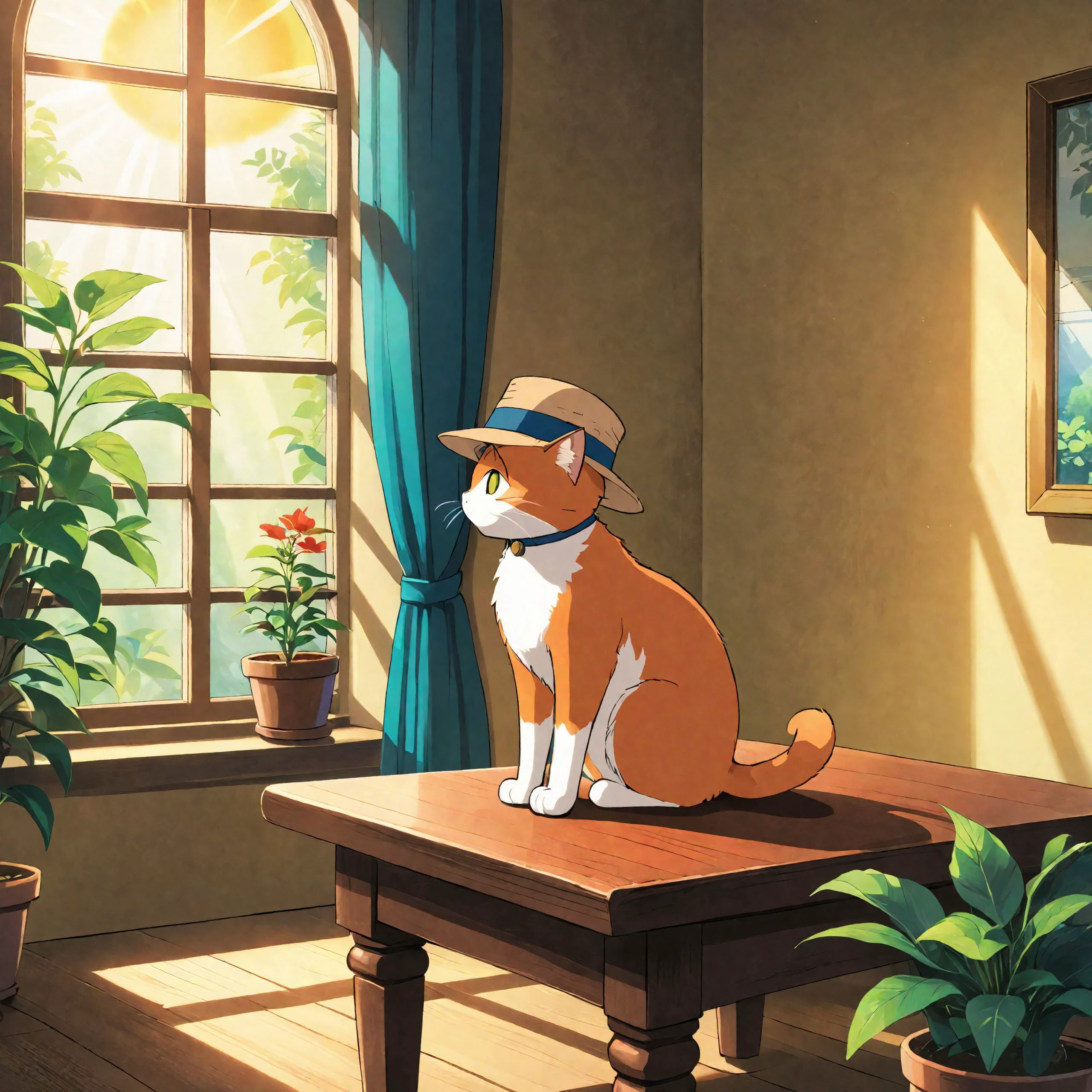 scene from a Ghibli movie, cat in a hat sitting on a table looking out the window, sun is shining in and casting deep shadows, potted plant in comer of room