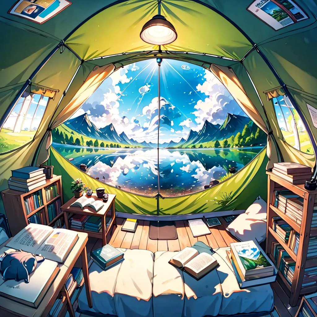 Dreamyvibes artstyle, anime style, key visual, vibrant, studio anime, highly detailed
(fisheye shot:1.25) of a lake from inside a camping tent, cozy with pillows, (books:1.2), minimalist