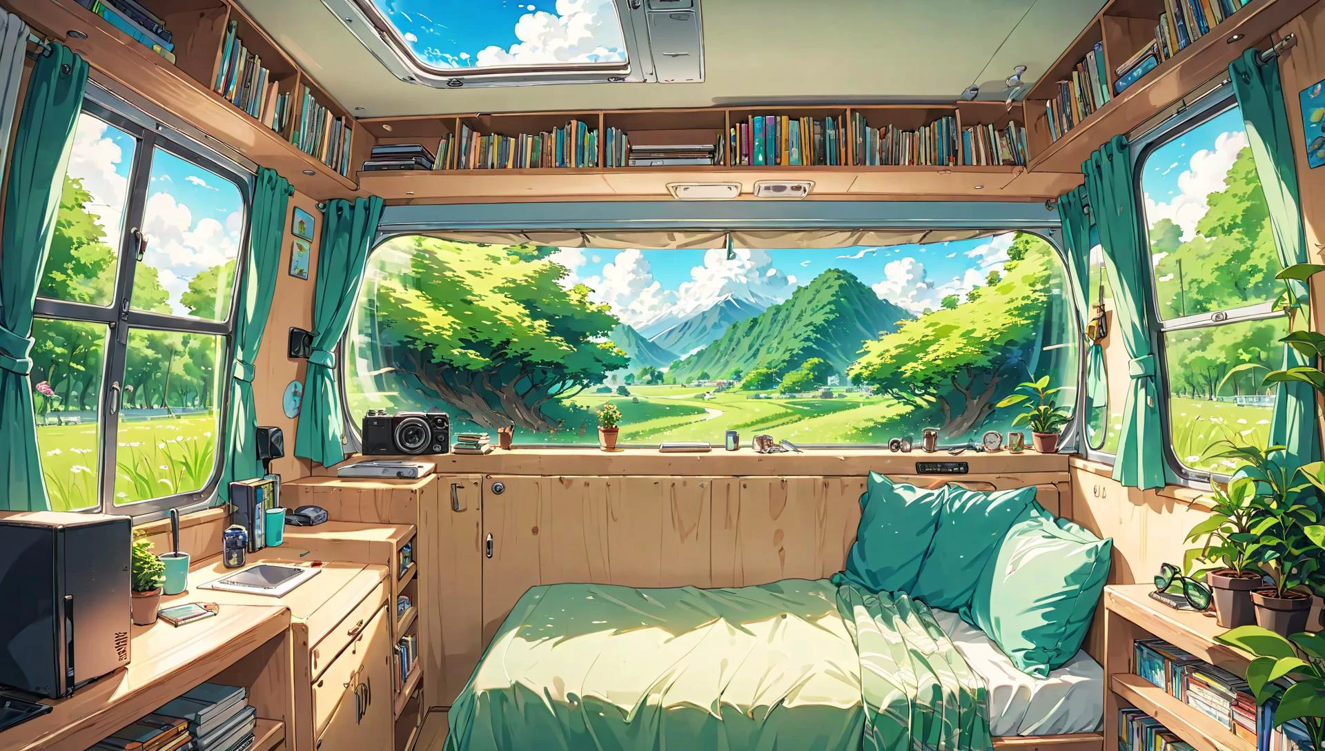 Dreamyvibes artstyle, (embedding:Style-GHL.pt:1.3), (very intricate details:1.15), anime style, key visual, vibrant, studio anime, highly detailed
fisheye shot of a lush green landscape with tall grass blades, from inside a camping van, cozy bunker bed with pillows, (book rack:1.25), (big sunroof:1.15), side windows, RV door
Golden hour lighting