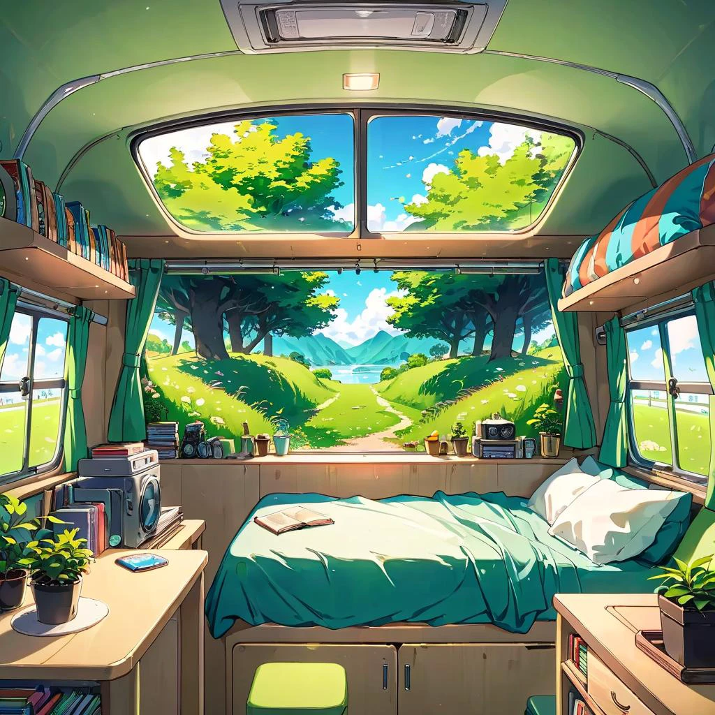 Dreamyvibes artstyle, (embedding:Style-GHL.pt:1.3), (very intricate details:1.15), anime style, key visual, vibrant, studio anime, highly detailed
fisheye shot of a lush green landscape with tall grass blades, from inside a camping van, cozy bunker bed with pillows, (book rack:1.25), (big sunroof:1.15), side windows, RV door
Golden hour lighting
