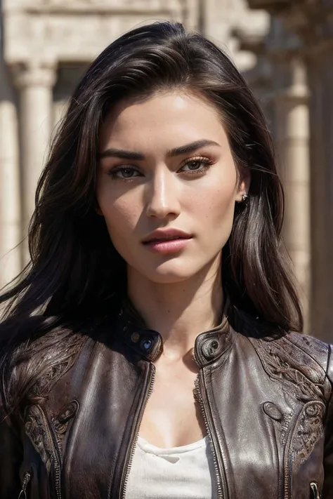 portrait of S211_AleksandraKosheleva,a beautiful woman,in a (temple-ruin:1.1),wearing a (dirty-leather-jacket:1.1),(8k, RAW photo, best quality, depth of field, ultra high res:1.2),(absurdres, intricate, photorealistic, masterpiece, ultra-detailed:1.3),