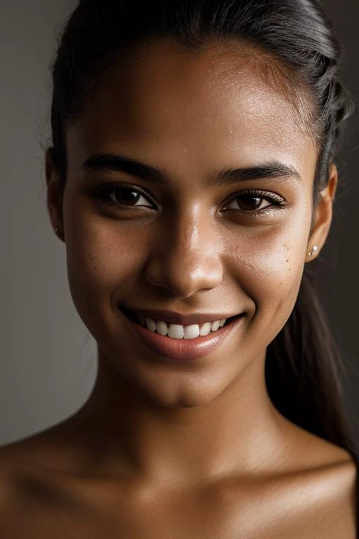 complete portrait photo of a young Brazilian woman, smiling, skin pore, dramatic lighting, ambient occlusion, high detail, intricate skin details, skin imperfections, film grain.