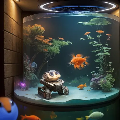 hyperrealistic photo of a wall-e running (walle), a goldfish made of ral-ledlights swimming in a round aquarium in a living room, 4k, UHD, masterpiece<lora:walle:1.0>