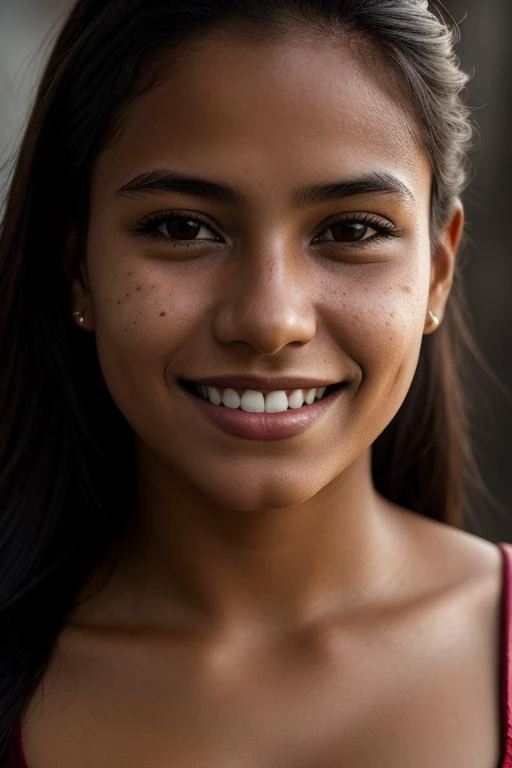 complete portrait photo of a young Colombian woman, smiling, skin pore, dramatic lighting, ambient occlusion, high detail, intricate skin details, skin imperfections, film grain.