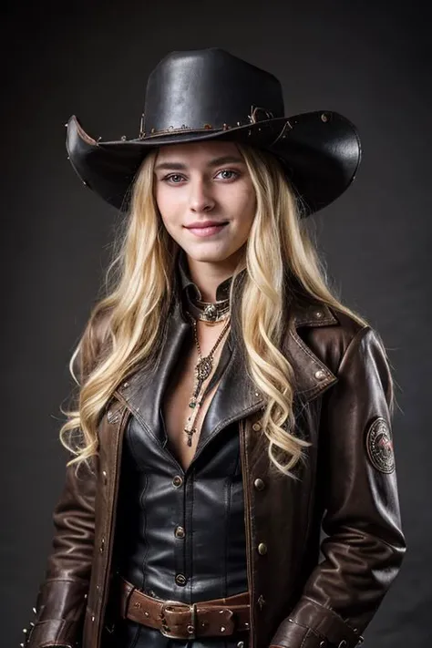 20 years old european woman, long blond hair, smile, old long open coat, cowboy hat, leather body, boots, steampunk, ultra quality, sharp focus, crystal clear, 8K UHD, highly detailed glossy eyes, high detailed skin, dark background, portrait