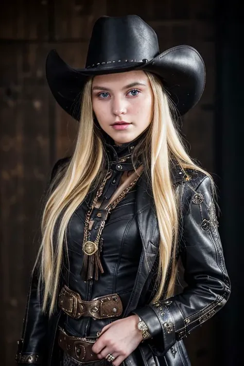 20 years old european woman, long blond hair, old long open coat, cowboy hat, leather leggings, boots, steampunk, ultra quality, sharp focus, crystal clear, 8K UHD, highly detailed glossy eyes, high detailed skin, dark background, portrait