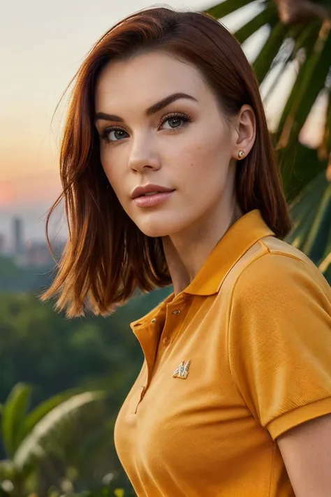 closeup headshot of S223_CharlieRed,a beautiful woman,in a (jungle:1.1),wearing a (vibrant-polo-shirt:1.15),(sunset:1.1),(8k, RAW photo, best quality, depth of field, ultra high res:1.1),(absurdres, intricate, photorealistic, masterpiece, ultra-detailed:1.2),