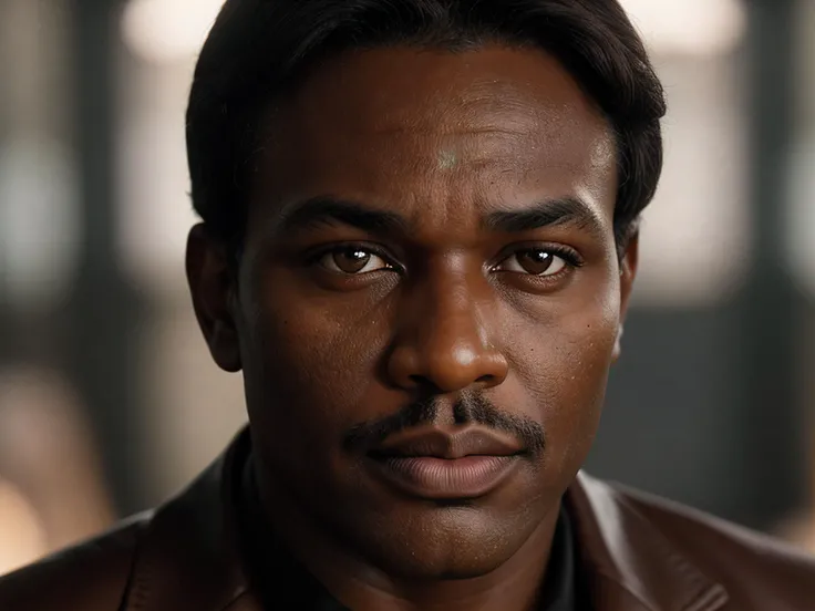 cinematic film still of UHD photo of uganda,skin color medium ebony , Establishing shot, (((face:Oval Round Face, Downturned Eyes, [eye color brown], Nose with an Aquiline Shape, thin lips, flat cheeks, soft chin)), wearing bikers), background a man in a suit and tie standing in a room <lora:Sunoo-06:0.85>, shallow depth of field, vignette, highly detailed, high budget, bokeh, cinemascope, moody, epic, gorgeous, film grain, grainy