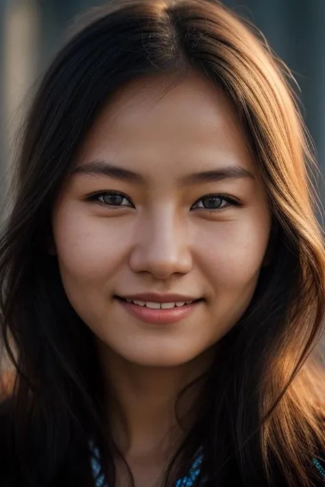 complete portrait photo of a young Siberian woman, smiling, skin pore, dramatic lighting, ambient occlusion, high detail, intricate skin details, skin imperfections, film grain.