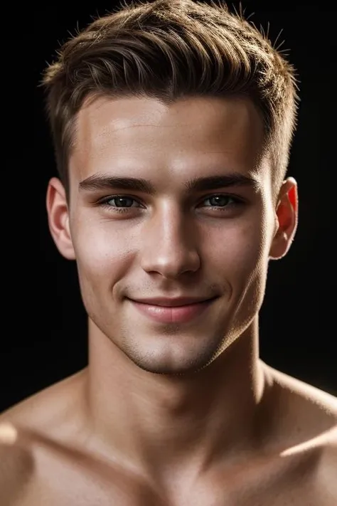 full portrait of young Germany man, smiling, skin pores, dramatic lighting, ambient occlusion, high level of detail, intricate skin details, skin imperfections, beautiful face and fascinating eyes