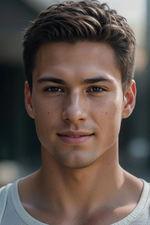 full portrait of young American man, smiling, skin pores, dramatic lighting, ambient occlusion, high level of detail, intricate skin details, skin imperfections, beautiful face and fascinating eyes, detailed RAW uhd portrait photo (textures , hair, glow, color, blemishes: 1.1), highly detailed glowing eyes, (looking at camera), specular lighting, dslr, ultra quality, sharp focus, sharp point of view, DOF, film grain, (centered), Fujifilm ultra high, sharp details, hyper realistic, sharp focus, perfect detailed anatomy, perfect detailed face, perfect details, eyes, octane rendering, 8k, masterpiece, best quality, dangerous atmosphere, serious look.