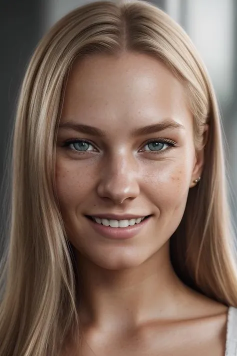 full portrait of a young Norwegian woman, smiling, skin pores, dramatic lighting, ambient occlusion, high level of detail, intricate skin details, skin imperfections, beautiful face and fascinating eyes, sharp details, hyper realistic, sharp focus, perfect detailed anatomy, perfect detailed face, perfect details, eyes, octane rendering, 8k, masterpiece, maximum quality.