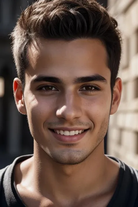 full portrait of young Spanish man, smiling, skin pores, dramatic lighting, ambient occlusion, high level of detail, intricate skin details, skin imperfections, beautiful face and fascinating eyes