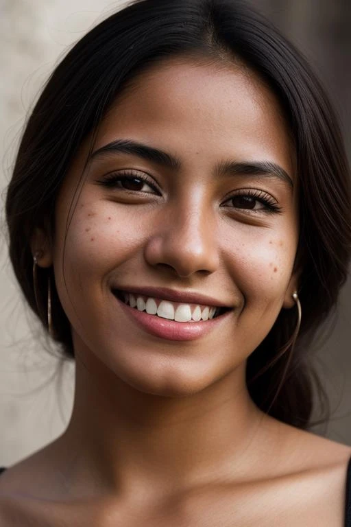 complete portrait photo of a young Mexican woman, smiling, skin pore, dramatic lighting, ambient occlusion, high detail, intricate skin details, skin imperfections, film grain.