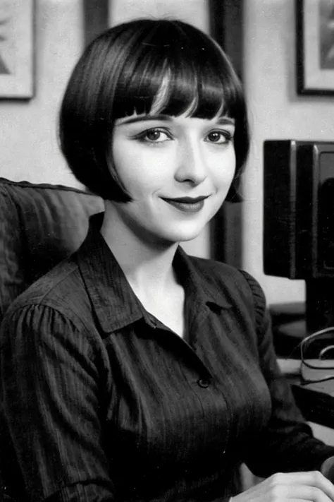 L0uise, <lora:L0uise_3675:1>, (grainy), grayscale, sepia, garden, photorealistic, (faded) old analog photo, small black dress, hourglass figure, wide angle, photo of a slender woman sitting in a gaming chair using a computer, smile, hazel eyes, blush, black lipstick, flush, loving eyes, 8k, black hair with bangs and a bob cut, looking at camera,