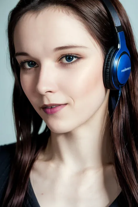 L0uise, <lora:L0uise_3675:1>, photorealistic, full color, modern digital selfie photo, purple t-shirt, vibrant colors, half body portrait photo of a slender woman, sitting in a gaming chair, mischievous grin, walnut eyes, blush, flush, loving eyes, black lipstick, 8k, long blue hair with bangs, large headphones, professional photo, professional photograph, very detailed hair, very detailed skin, looking at camera, sharp focus, detailed face, detailed eyes, intricate, High Detail, fine details, ( best quality, highres), cropped torso, upper body,