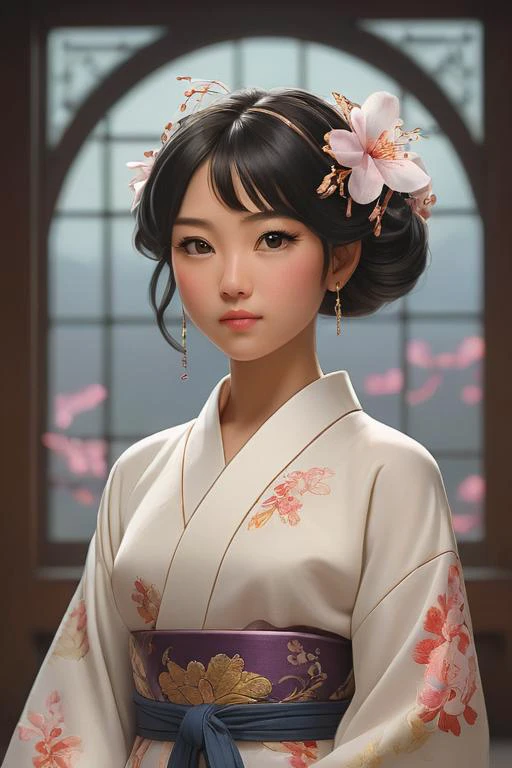 Ultra realistic digital painting of Yumi the Astral Disciple in a futuristic Japanese realm. Graceful Japanese girl with lithe dancer's physique and golden-brown topaz eyes. She wears an under-kimono of advanced pearlescent micro-fibers that regulate temperature through subtle circuits in the luminous silver-embroidered collar. A gossamer silk kimono floats above, delicate metallic blossoms flowing down the hem. A cherry blossom headpiece holds crystals that softly glow in her flowing black hair. Split-toe slippers complete the look, gem-laden metalwork curling into foliage that pulses in time to her dance moves. Colorful nebulae and cosmic phenomena float in the background through massive arching windows. Painted in the elegant, highly-detailed styles of Greg Rutkowski and Alphonse Mucha to portray Yumiâs blended Japanese heritage and futuristic setting. full body, girl, dancing, stage background <lora:CyberPunkAI:0.6> CyberpunkAI, neon <lora:give it a name:0.8> <lora:GoodHands-beta2:0.8> <lora:Perky-Breasts-V3:0.8> breasts <lora:zoom_layer_v1.5:0.8> zoom layer