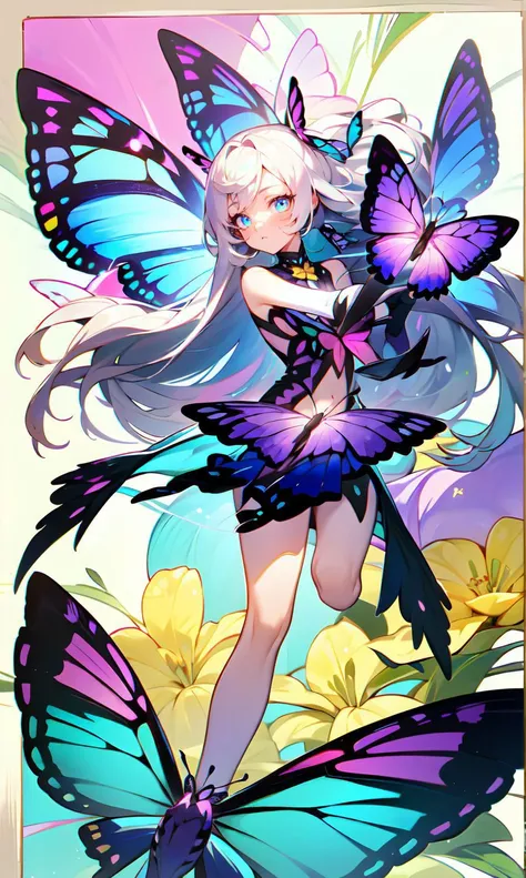 (Masterpiece:1.2), (best quality:1.2), (super high resolution:1.2), 1girl, solo, very_long_hair, white_hair, solo, fairy, glowing_butterfly, dancing, butterfly_hair_ornament, butterfly_wings, fairy_wings, animal, elbow_gloves, bird, in spring, (botanical garden:1.2), magic circles, moody lighting, (colourful glass), (complex background:1.1), bright, glowing, illuminatio, particle effects, Balance and coordination between all things, Yellow flowers, pink flowers, blue flowers, purple flowers, <lora:flowers_in_moon:0.7>