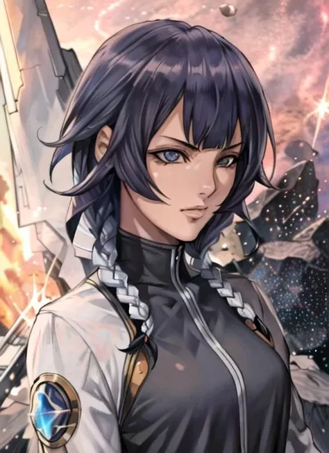 ((best quality)), ((highly detailed)), masterpiece, detailed face, beautiful face, (detailed eyes, deep eyes), (1girl),  cowboy shot, <lora:bleachSoifon_v10:.85>, Soi fon, low twin braids, black hair, short hair with long locks, (stars, galaxies, space, asteroids, planets, rocket ship), <lora:odanon:.85>, oda non