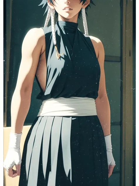 RAW photo, (intricate details, high detailed skin, detailed eyes:1.1), best quality, 8k uhd, soft lighting, sideboob, short hair with long locks, hip vent, short hair, small breasts, (brown eyes:1.1), black hakama, no bra, gloves, hakama skirt, low twin braids, sash, smug <lora:SoiFon:1> <lora:Heavy_grain:1>