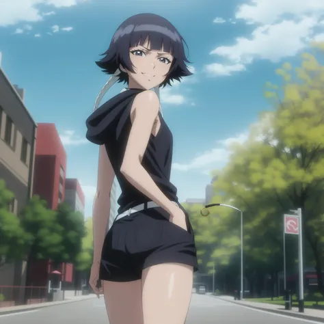 <lora:SoiFon:1.0>,
( anime screencap:1.1),outdoors, 
1girl, solo, black hair, short hair with long locks, short hair, small breasts, (brown eyes:1.1),low twin braids,cowboy shot, facing viewer, looking at viewer, smirk,hoodie, bare legs, shorts,hands in pockets, walking,city,from behind, looking back,