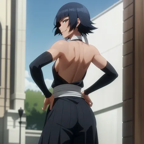 <lora:SoiFon:1.0>,
( anime screencap:1.1),outdoors,
1girl, solo, black hair, sideboob,standing, short hair with long locks, hip vent, short hair, small breasts, (brown eyes:1.1),black hakama, no bra, gloves, hakama skirt,low twin braids,sash,cowboy shot, from behind, looking back, , back,backless outfit, looking at viewer, smirk,from below, hands on hips,
